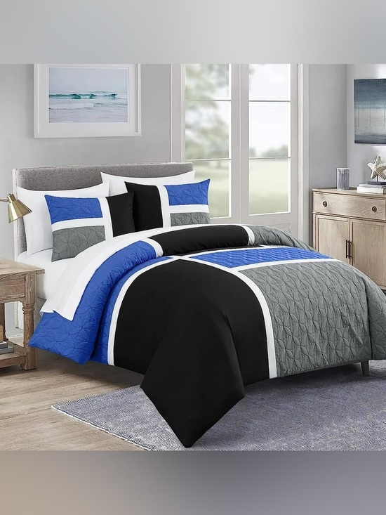 Other - Modern Colorblock Queen 3 piece Comforter Set in Black, Blue & Gray